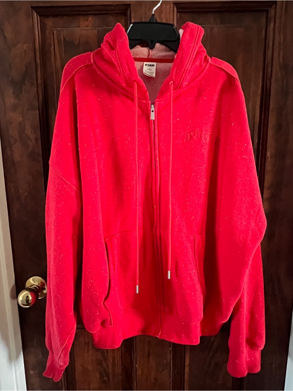 PINK Victoria's Secret Bright Red with glitter speckles. Full-Zip Teddy Hoodie